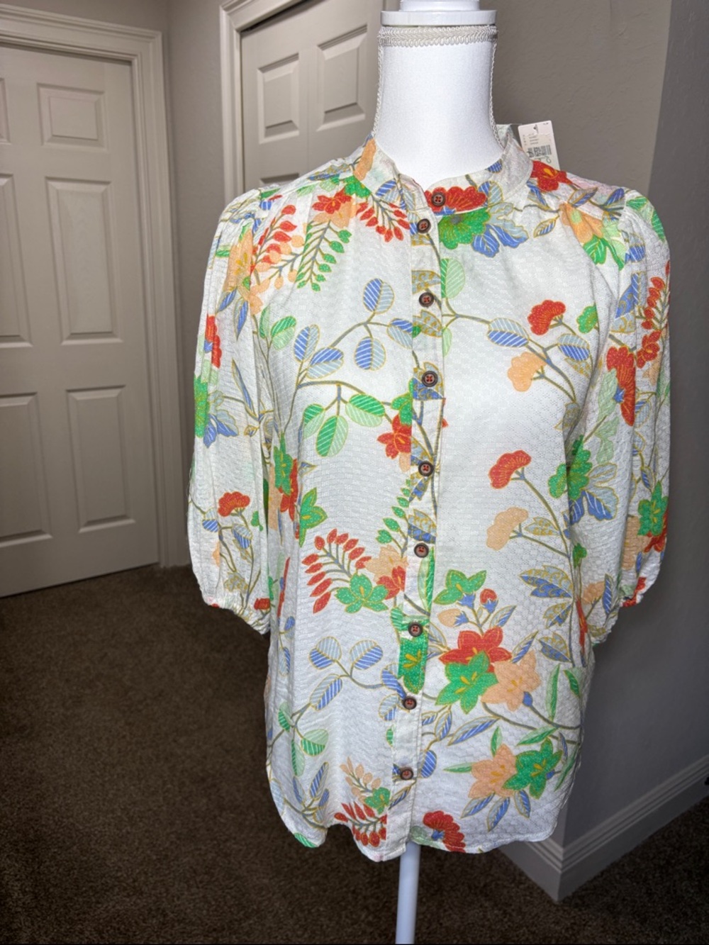 Antropologie Boho Floral Button Down Blouse Puff Sleeve Cottagecore Top Size 2 - Picture 2 of 8
